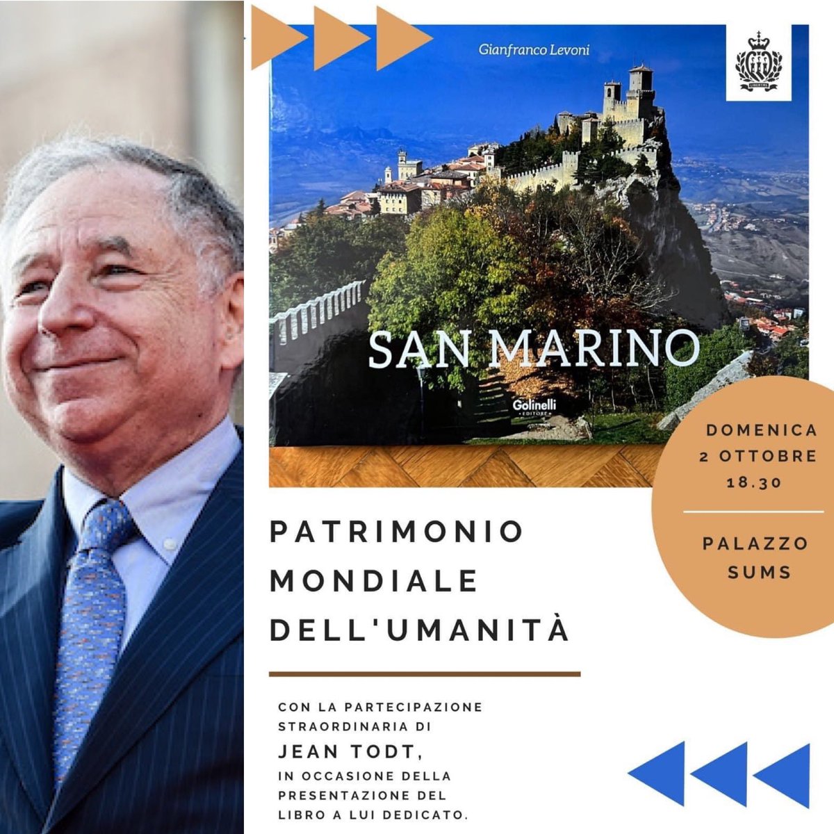 Un libro dedicato a Jean Todt per l’amore che nutre nei confronti del nostro Paese 🇸🇲❤️
Sarà con noi alla presentazione oggi domenica 2 ott ore 18.30 palazzo SUMS 
Aperto a tutti non perdetelo!