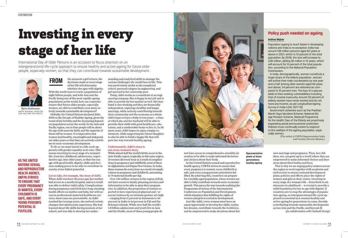 UNFPAIndia's tweet photo. 'If countries are to reap the advantages of population ageing, an intergenerational #lifecycleapproach is essential as it ensures healthy & active ageing for generations to come'
writes @bjornunfpa, Regional Director, @UNFPAAsiaPac for #IDOP2022
via @Outlookindia
#ForEveryAge https://t.co/djT4xkEIq7