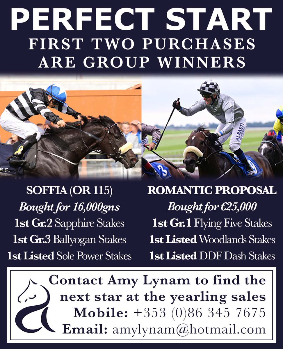 ✨ A PERFECT START ✨ 🌟 First purchase SOFFIA (16,000gns) won a Group 2, Group 3 & Listed race 🌟 Second purchase ROMANTIC PROPOSAL (€25,000) won a Group 1 & two Listed races ☎️ Get in touch for the next superstar +353(0)86 345 7675 📧 amylynam@hotmail.com