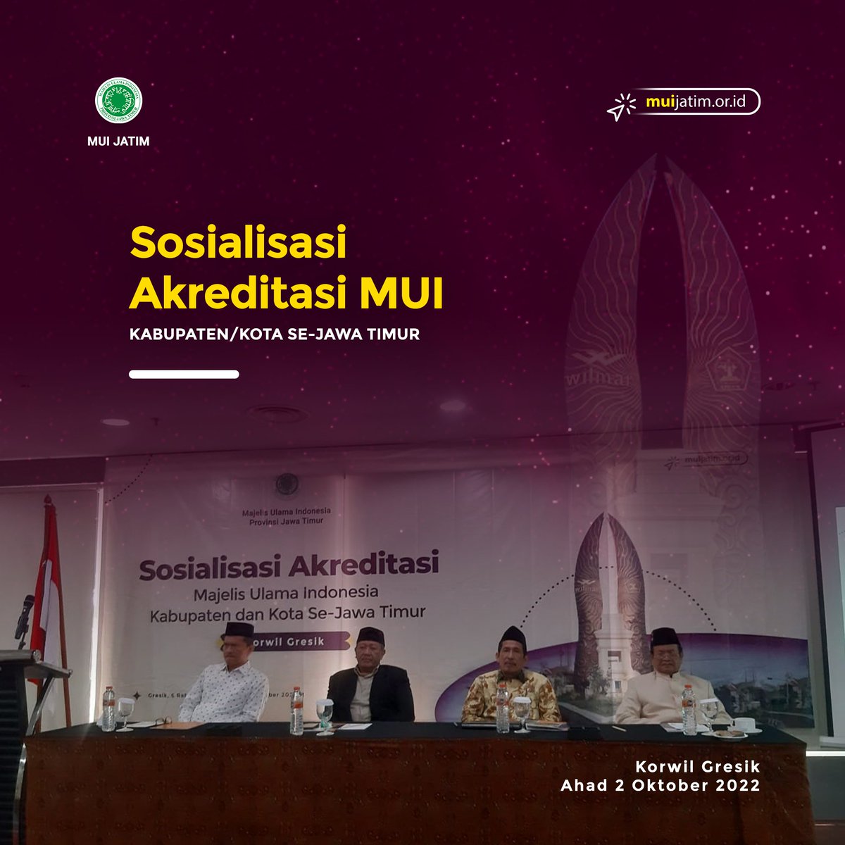 muijat1m's tweet photo. Sosialisasi Akreditasi MUI Kabupaten/Kota se - Jawa Timur Korwil Gresik

Ahad, 2 Oktober 2022

---=====---
Follow us :
Instagram, Twitter dan Fanspage :
@muijat1m

#muijatim #majelisulamaindonesia #mui #ulama #ulamaindonesia #ulamanusantara #kontendakwah #pecintaulama https://t.co/GIuIa44Gka