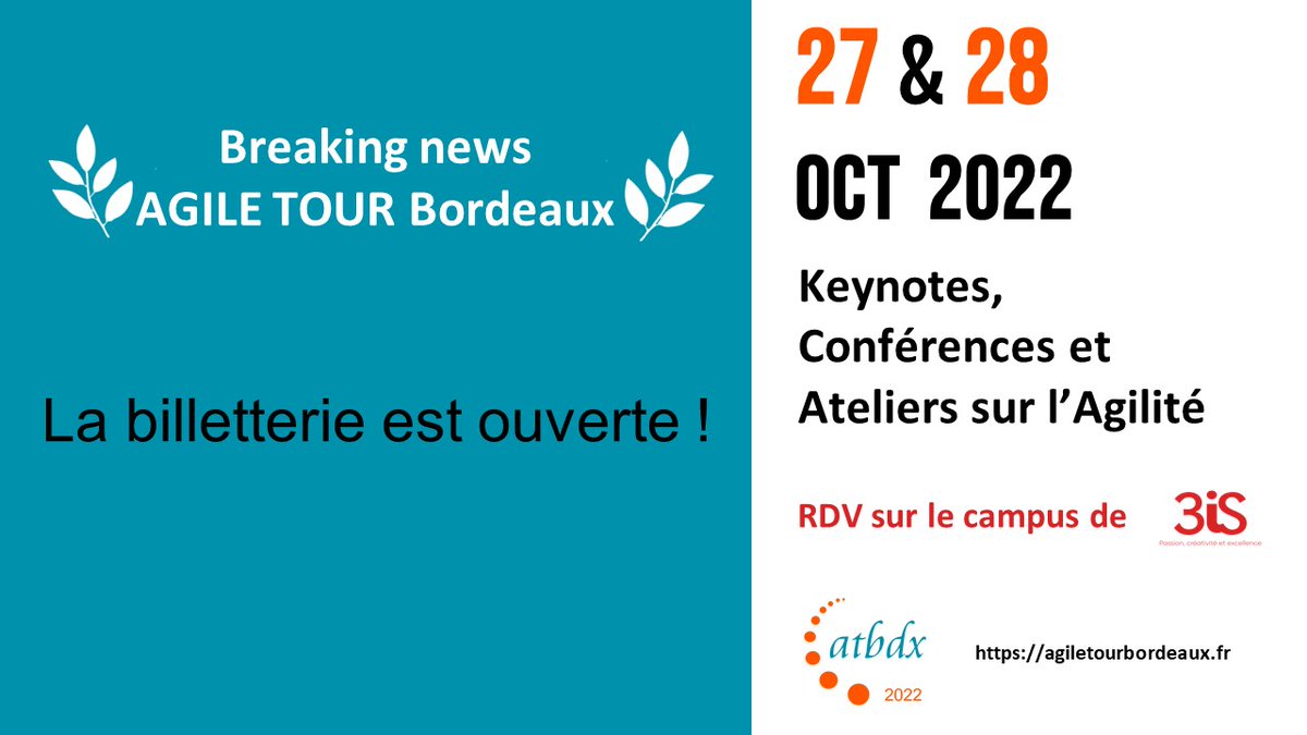 Ca y est, nous ouvrons la #billetterie de l'Agile Tour Bordeaux 2022 !🎉
Retrouvez tout le programme des #conférences et des #ateliers sur notre site agiletourbordeaux.fr/programme.html et prenez dès aujourd'hui vos places sur my.weezevent.com/agile-tour-bor….
#atbdx #agile