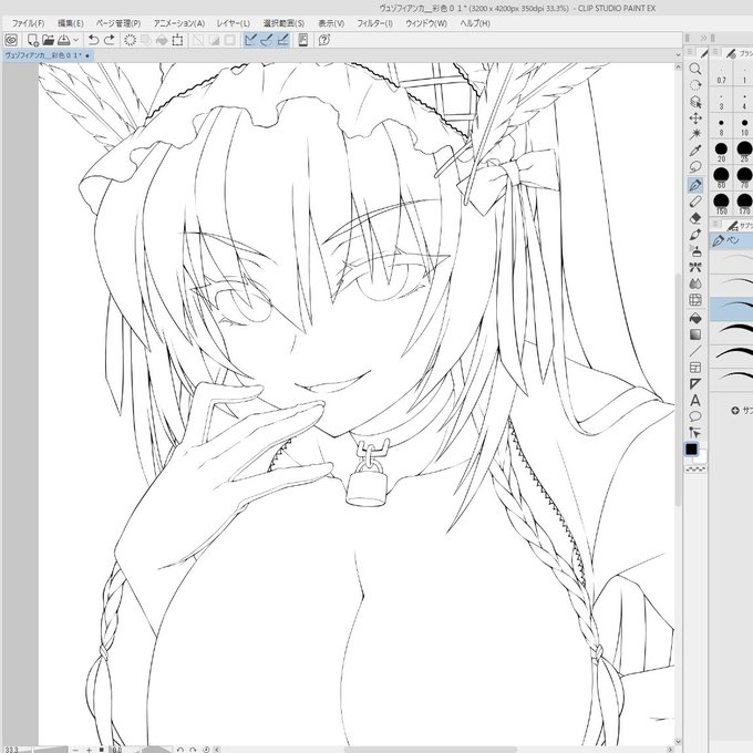 次回のSkebの線画完成した～～～・・・13年ぶり?くらいにこのキャラ描いてます・・・!!(自分で出した同人誌の設定画見ながら) 