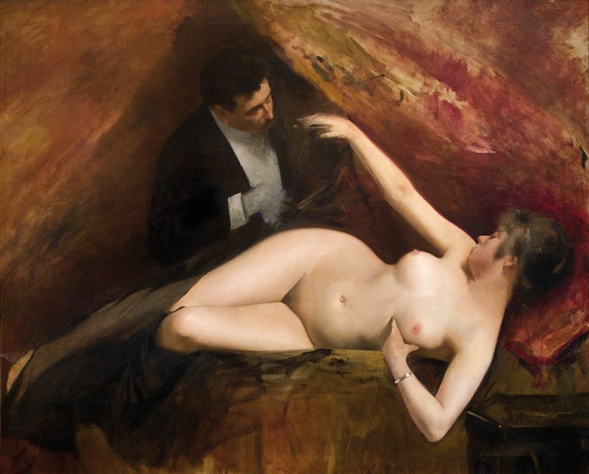 Stripclubexperi's tweet photo. Sunday #Art: Spanish (Catalan) artist Joan Brull i Vinyoles (1863 - 1912) is known for his portraits and mythological works (usually females). Initially a realistic painter, he changed to symbolism, like the piece "In The Market" (circa 1904).

#JoanBrullIVinyoles #InTheMarket https://t.co/KfB5pFA16Y