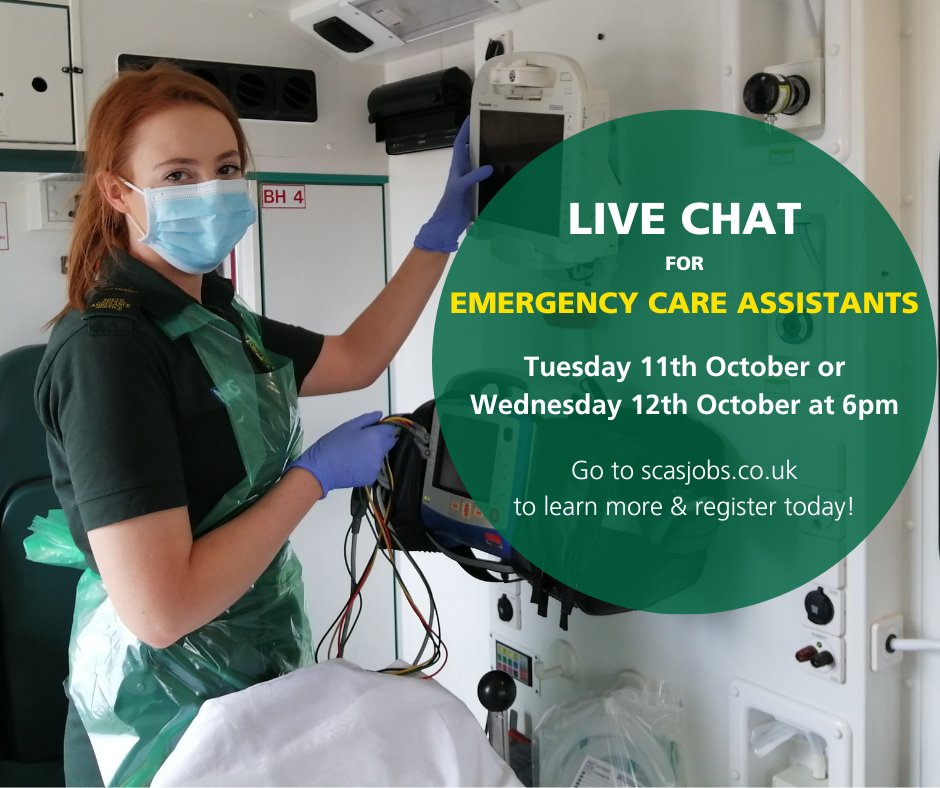 SCASJobs's tweet photo. Join us on one of our virtual recruitment live chats on Tuesday 11 or Wednesday 12 October at 6pm to learn more about the role of an Emergency Care Assistant.

To register go to https://t.co/47pzjFYu6q https://t.co/IcRIuu1dmP