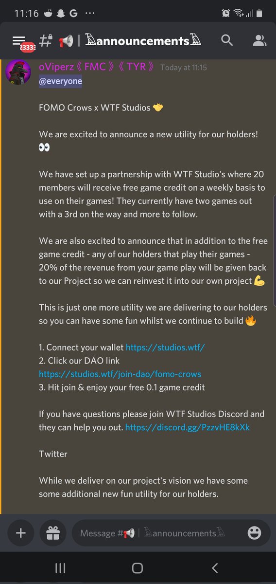 <a href="/CrowsFomo/">FOMO Crows 💎《FMC》</a> x @wtfstudios__ 🤝

I am pleased to announce that we have successfully partnered with WTF Studios to offer our community further utility during our build up to launch! 🚀

Cawwwww Cawwwww

discord.gg/fomocrows

#NOFOMO