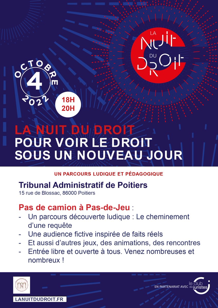 [Rappel] Le PPP et le TA de Poitiers s'associent pour vous faire découvrir la juridiction administrative dans le cadre de <a href="/LaNuitDuDroit/">La Nuit Du droit</a>, avec le soutien de la Faculté de <a href="/Droit_Poitiers/">Faculté de Droit et Sciences sociales de Poitiers</a> ! Toutes les informations ci-dessous⬇️