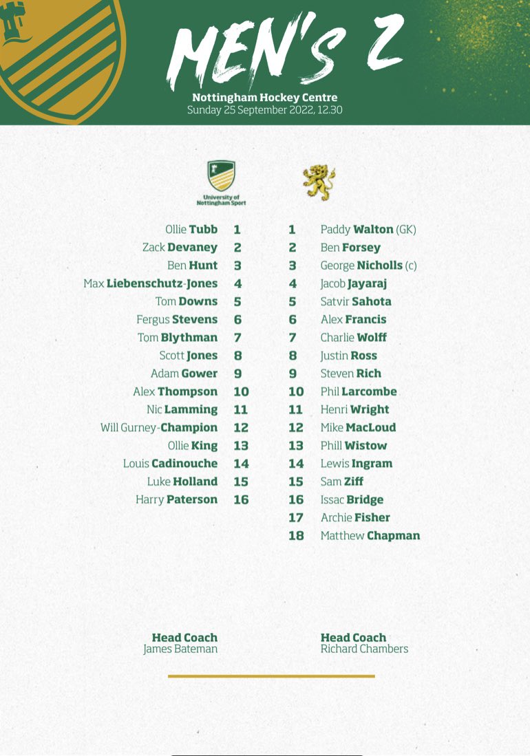🔰GAMEDAY🔰

Best of luck to the 1s Boys who take on Brooklands away while the 2s welcome Birmingham University to Highfields looking to make it 2 wins out of 2 in the National league.

#gameday#greenandgold 💚💛

<a href="/UoNSport/">University of Nottingham Sport</a>
