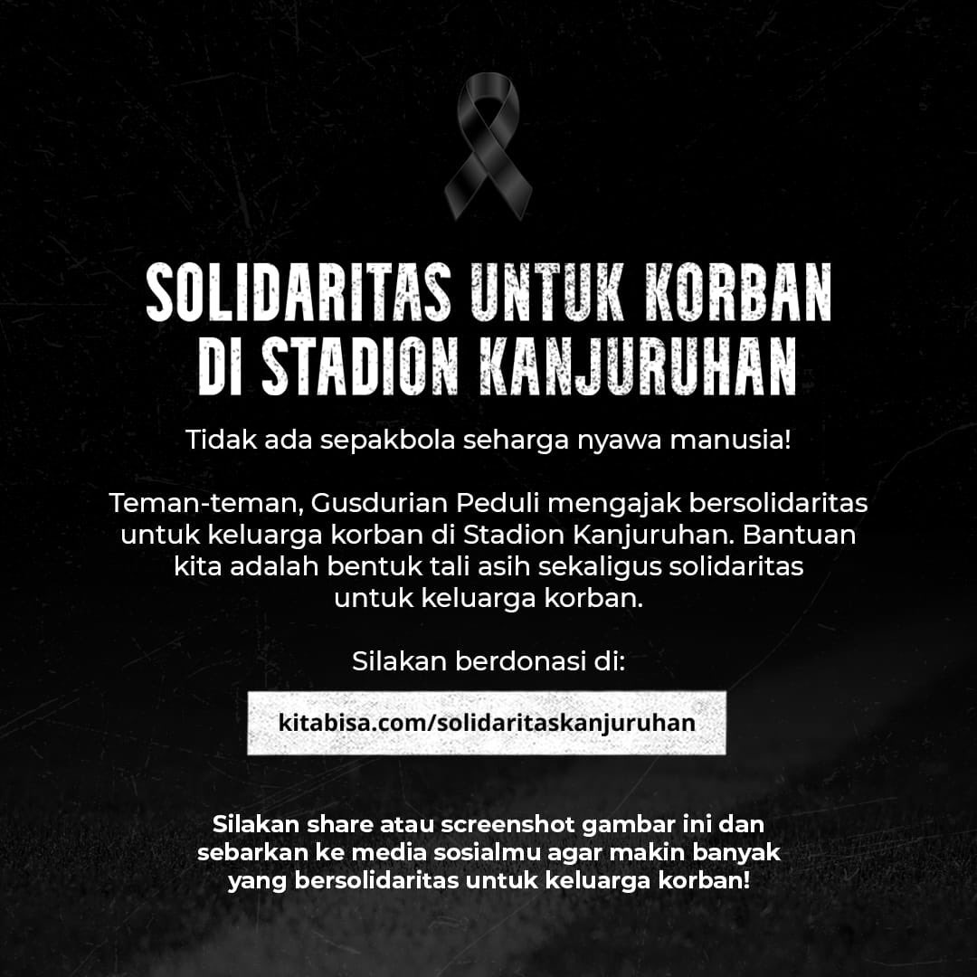 GUSDURians's tweet photo. Yuk, bersolidaritas untuk keluarga korban. Mohon bantuan untuk share informasi ini ke siapa saja melalui apa saja ya temanteman…🙏🙏🙏

Klik https://t.co/43MvWsdjIx

#solidaritaskanjuruhan https://t.co/Tc5164V5LA