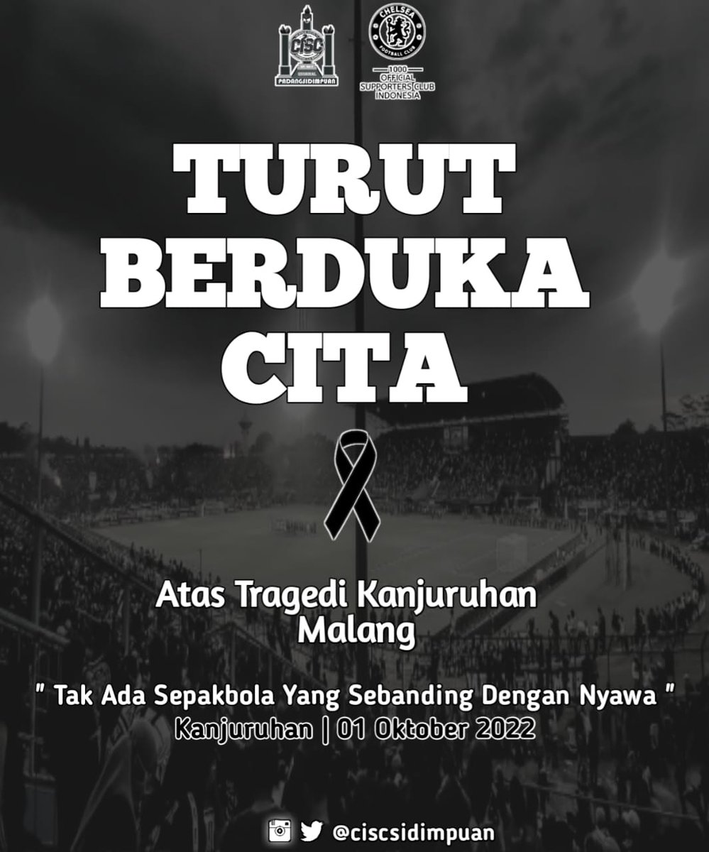 From CISC Padangsidimpuan with love. Sepakbola itu menghibur, bukan mengkubur. Sepakbola itu hiburan, bukan kematian. Sefanatik apapun, sepakbola tak layak ditukar dengan nyawa. Duka cita kami yg mendalam kpd seluruh keluarga korban. #PrayForKanjuruhan