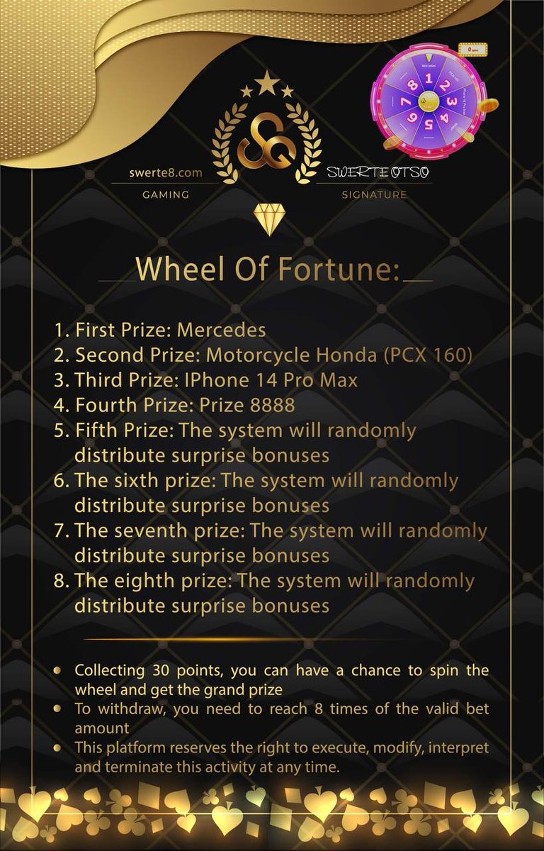 SwerteOtso's tweet photo. Andaming pwedeng mapanalunan dito sa Swerte Otso. Mangolekta lang ng points para ma Spin ang Wheel of Fortune. Be one of us Ka Swerte
#swerteotso #swerte8 #swertayo #JiLi #JILISLOT https://t.co/RdxGugRx9X