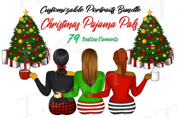 Christmas Pajama Girls Best Friends Clipart Set by I365art buff.ly/3mFE5MS #christmas #pajamas #png #clipart #bestfriends