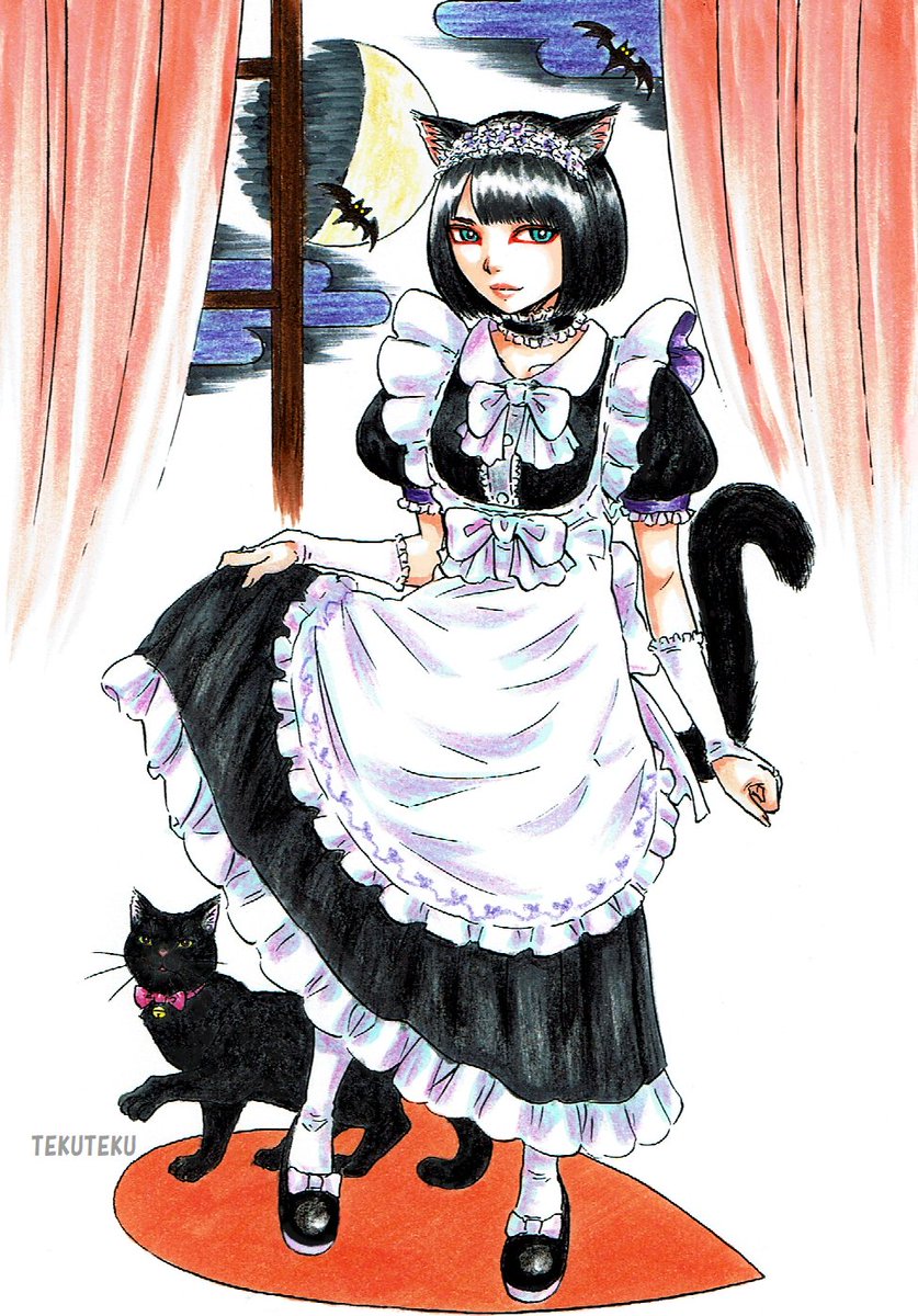 「てくてく猫描・猫耳メイドさんと黒猫にゃん #illustration #オリジナ」|TEKUTEKUのイラスト