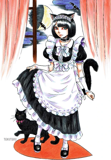 てくてく猫描・猫耳メイドさんと黒猫にゃん #illustration #オリジナルイラスト  #ハロウィンイラスト 描きました～ちゃんと当日の月齢調べてえらいじょ 