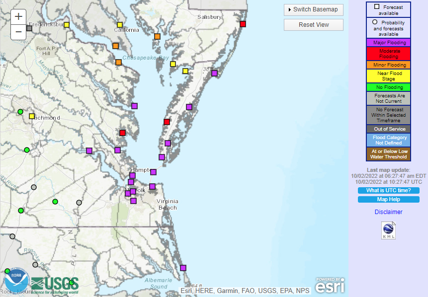 NWSWakefieldVA's tweet photo. A coastal low phases with the remnants of Ian and lingers off the coast through midweek bringing widespread rain and increasing, gusty NNE winds. Water levels rise beginning later today with Major Coastal Flooding expected Monday. Elevated water levels continue into midweek. https://t.co/cXtxNLtXow