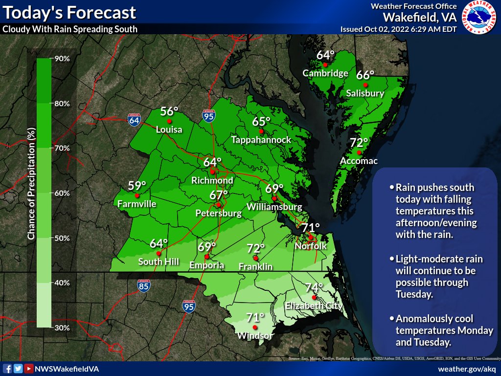 NWSWakefieldVA's tweet photo. A coastal low phases with the remnants of Ian and lingers off the coast through midweek bringing widespread rain and increasing, gusty NNE winds. Water levels rise beginning later today with Major Coastal Flooding expected Monday. Elevated water levels continue into midweek. https://t.co/cXtxNLtXow