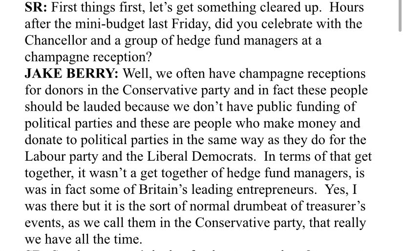SophyRidgeSky's tweet photo. Here’s Jake Berry’s response to the Sunday Times story - he confirms he was at a champagne reception with the Chancellor hours after the mini Budget &amp; says it was “the normal drumbeat of treasurer’s events” &amp; “these people should be lauded”
#Ridge https://t.co/QcG3qeBDkU
