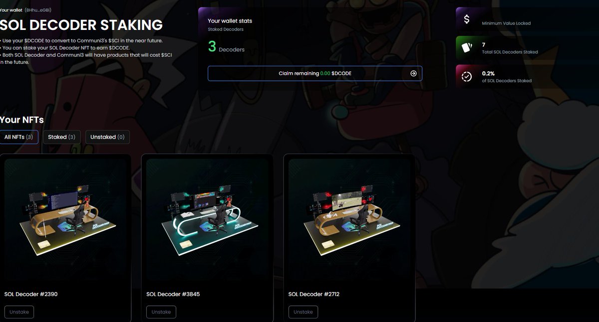SOL_Decoder's tweet photo. 📰Sneak peek of staking website ❗️

Redesign of user interface ✔️

Get your NFTs ready, we are going to release our staking website in a few days. 

Next: pfp upgrade 🤖🔜❓
#C3D https://t.co/SaJkYrgNay