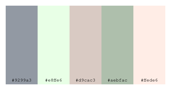 ColPaletteBot's tweet photo. Beep beep, here's a pretty color palette for you!
color-scheme.js parameters used:
- hue: 23
- variation: pale
- colors: #9299a3, #e8ffe6, #d9cac3, #aebfac, #ffede6
Have a lovely day!
#twitterbot #colorpalette #colors #palette #prettycolors https://t.co/JYai6vLtbe