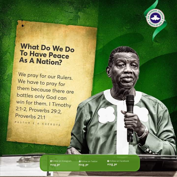 Rccgpraiseteam1's tweet photo. What Do We Do To Have Peace As A Nation?
We pray for our Rulers. We have to pray for them because there are battles only God can win for them. I Timothy 2:1-2, Proverbs 29:2, Proverbs 21:1
- Pastor Adeboye
October 2022 Thanksgiving Service
#PerfectPeaceInTheLand https://t.co/IiNMpfE8fk