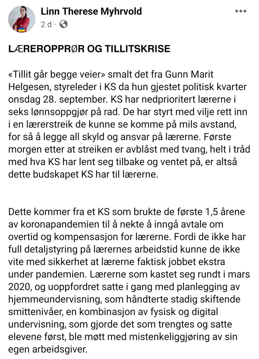 linnmyhrvold's tweet photo. Lærerne har lenge vært konstruktive i m��te med KS. Vi har jobbet for enighet og felles virkelighetsforståelse, som så bare hives til side. Når det samme KS og enkelte politikere nå uttaler at tillit går begge veier, fremstår det som en ytterligere provokasjon. #læreropprør https://t.co/TLpjKvNLJk