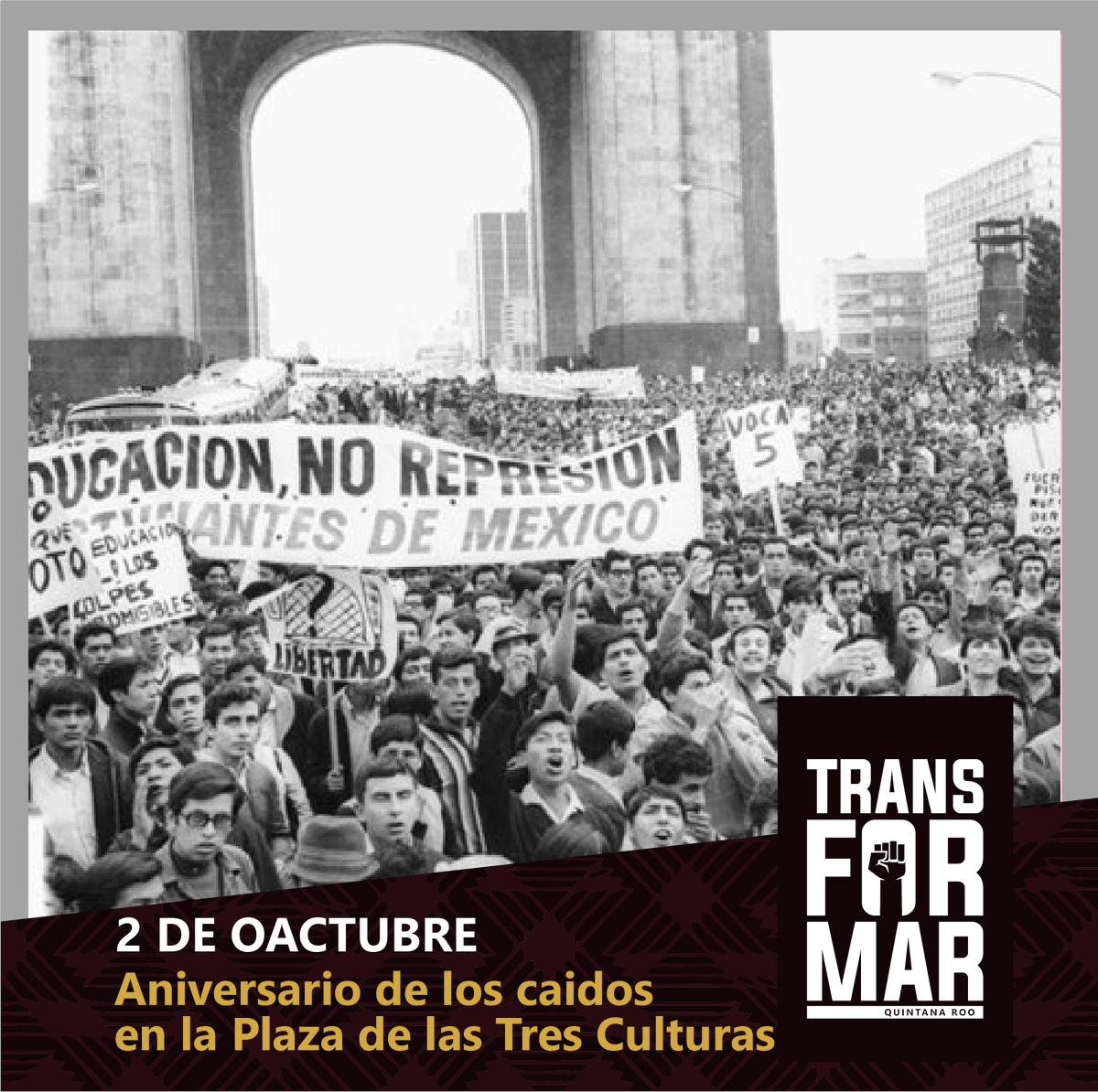TransformarQRoo's tweet photo. ⚫️2 de Octubre: Aniversario de los caídos en la lucha por la democracia de la Plaza de las Tres Culturas en Tlatelolco.
✅ #Transformarqroo / Democratizando la Información.🗞 https://t.co/7ukl5c9L0B