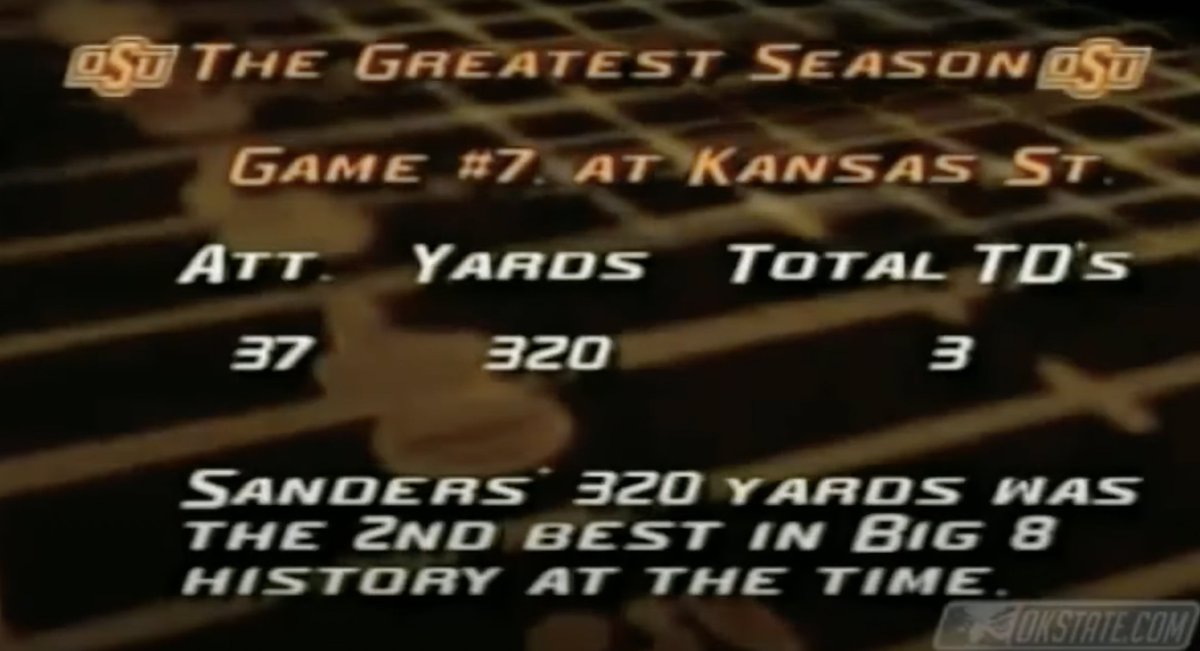 HistColFootball's tweet photo. On this date in 1988, RB Barry Sanders, Ok St, rushed for 320 yds, setting off a 5 game stretch where he rushed for over 200 yds each game, over 300 yds 3 times. In that 5 game stretch, he rushed for 1,472 yds, 294 ypg. @BarrySanders #LetsRide #GoPokes #CollegeFootball https://t.co/2MzrpMMhPn