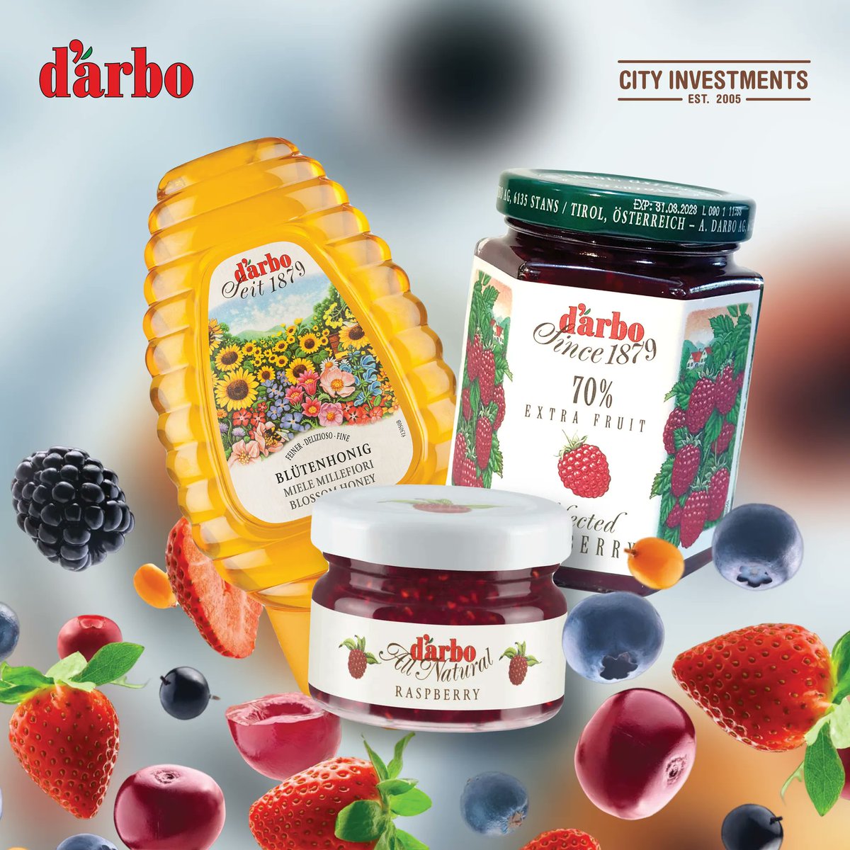 D'arbo is a premium brand of Jams and Preserves from Austria, of over 130 years.

They have been processing fruit into exquisite products such as jams and syrups ever since it was founded. 🍯

Available in all our showrooms.