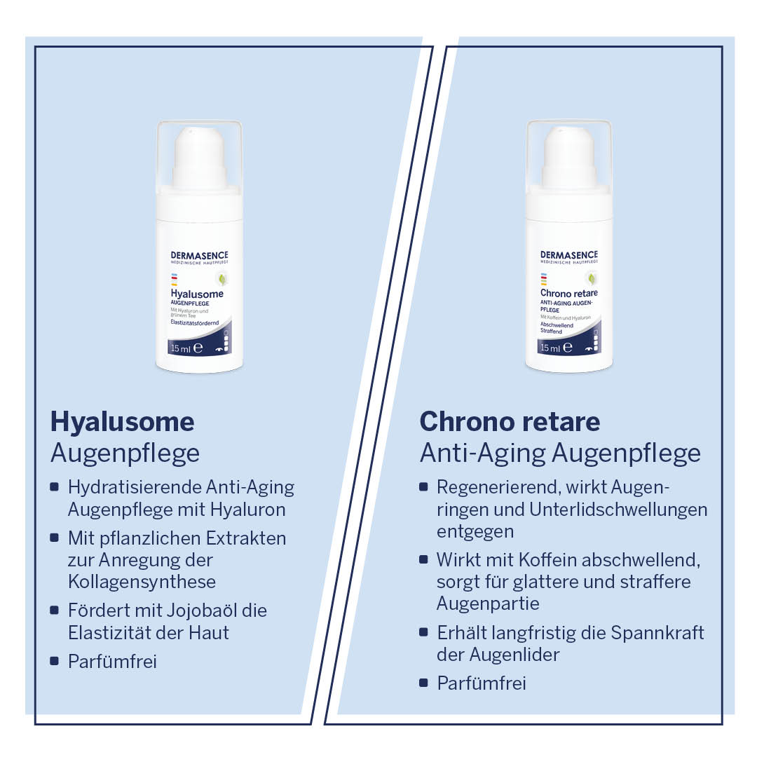 All #eyes on: Chrono retare Anti-Aging-Augenpflege vs. Hyalusome Augenpflege. 👀 Abschwellend, straffend und feuchtigkeitsspendend - beide #Augenpflegeprodukte sorgen für eine strahlende Augenpartie. ✨👁️ Finde hier heraus, welche #Augenpflege für dich besser geeignet ist. ⬇
