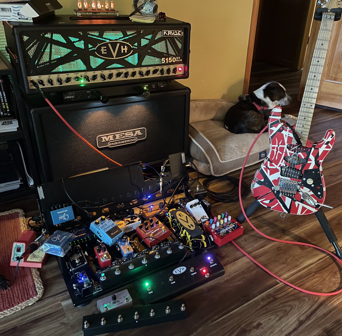 BackupDave's tweet photo. When you wake up late Sunday and realize that deciding Saturday night at 8pm that experimenting with just 1 change to your pedalboard can lead to total chaos, 6 hours later… 😛 ⁦@evhgear⁩ ⁦@FU_Tone⁩ ⁦@jhspedals⁩ ⁦@jimdunlopusa⁩ https://t.co/Bw38VLOi8I