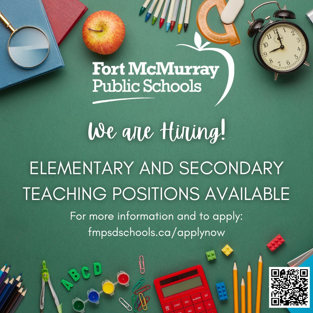 Fort McMurray Public Schools has teaching opportunities available for full-year, short term and substitute teachers. We offer new teacher mentorship, excellent PD and time for teacher collaboration. fmpsdschools.ca/applynow <a href="/FMPSD/">Fort McMurray Public School Division</a> <a href="/annaleeskinner/">Annalee Nutter</a> #teachinalberta #teachingjobs