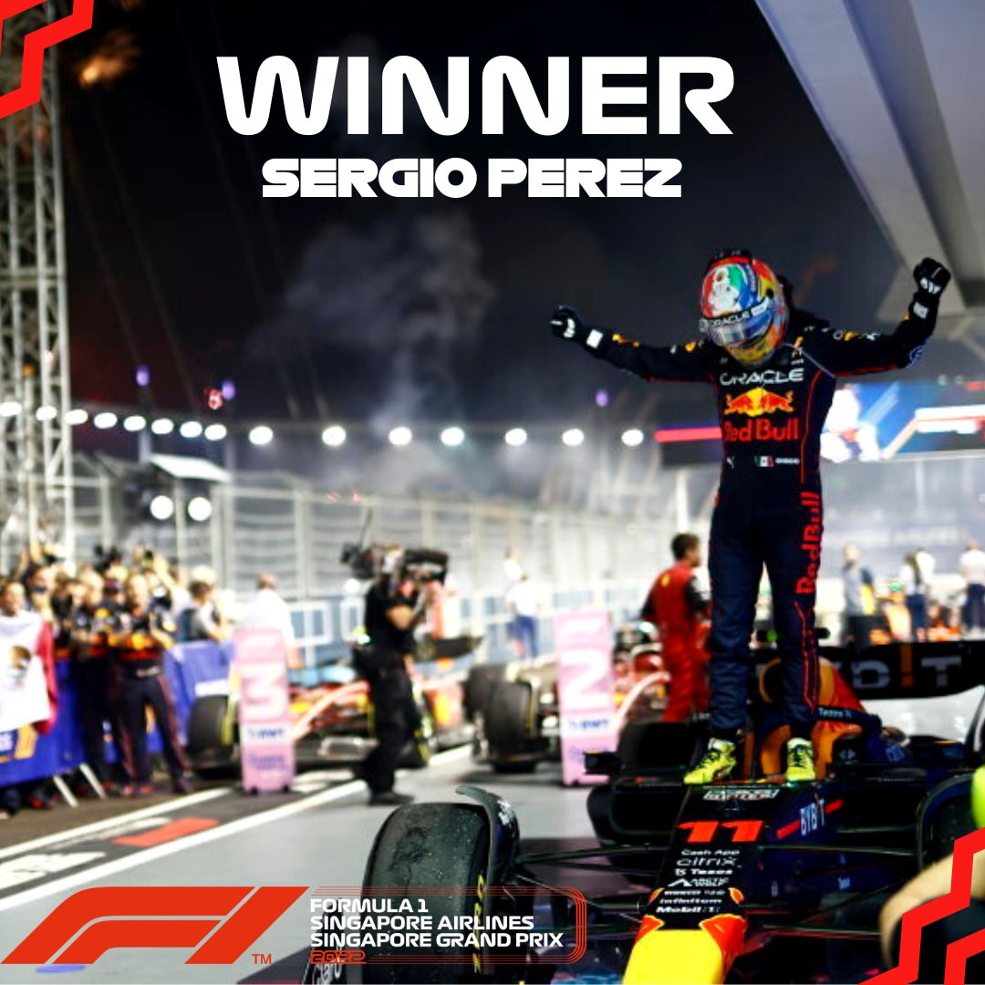 F1NightRace's tweet photo. And the 𝗪𝗜𝗡𝗡𝗘𝗥 for the 2022 #SingaporeGP is @SChecoPerez! 🏆

Red Bull's Sergio Pérez mastered the streets of Marina Bay, winning a thrilling-but-chaotic #F1 Singapore Airlines #SingaporeGP 2022 under maximum pressure from polesitter Ferrari's Charlec Leclerc #F1NightRace https://t.co/YwApj6By7X