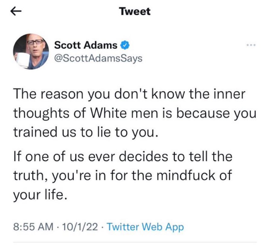 thpt's tweet photo. Spoiler alert: Inside every white man’s brain is a kiddie pool full of warm milk. And we are sitting in that pool imagining we are King Arthur standing in the center of a cheering crowd having just pulled Excalibur from the stone. https://t.co/hLB9VmmqyA