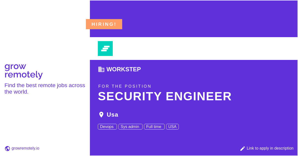 growremotelyio's tweet image. Check out this job at WorkStep for the position Security Engineer.

 Apply link: growremotely.io/?id=6338d6380b…

#hiring #remotejobs #WorkStep #DevOpsandSysadmin
