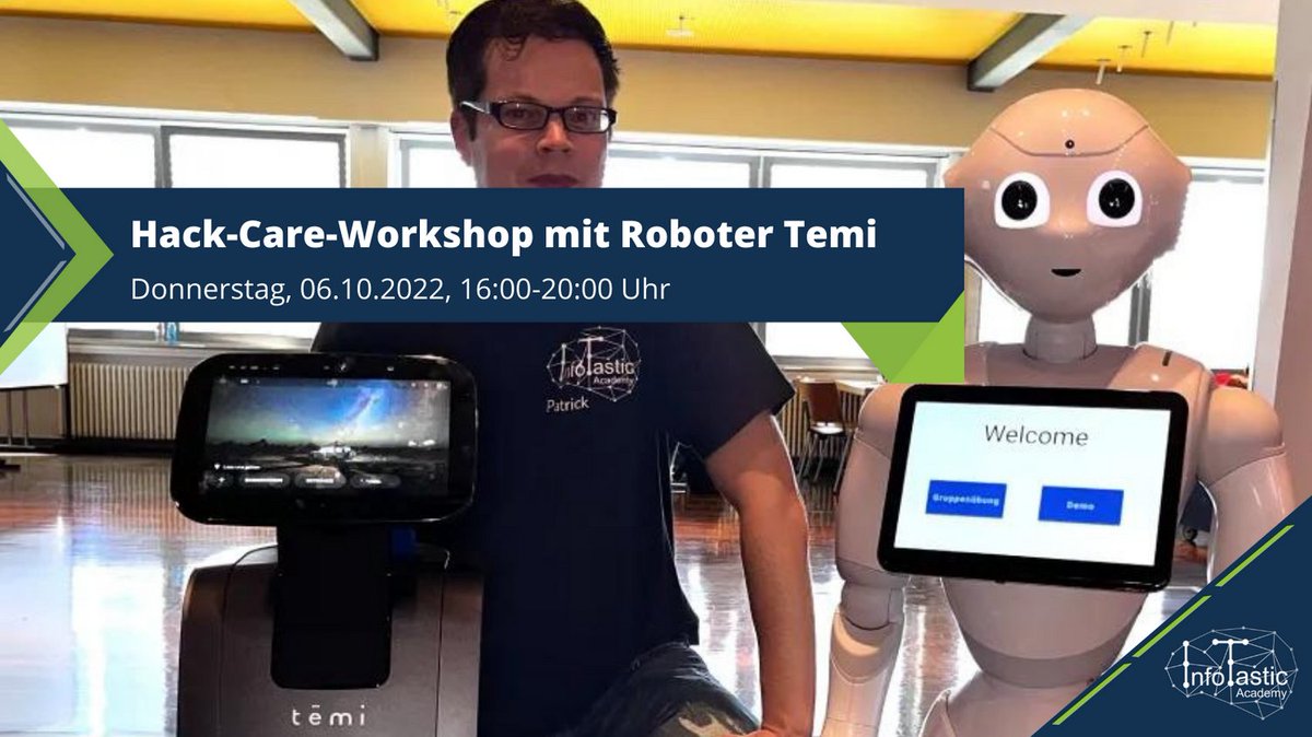 Wie kann #Roboter #Temi #Senioren helfen, ein selbstbestimmtes Leben in den eigenen vier Wänden zu führen. Bei #InfoTastic in #Attendorn stellen wir uns der Frage: Was braucht ein pflegebedürftiger Senior und wie können wir unterstützen?

infotastic.academy/hack-care-temi/