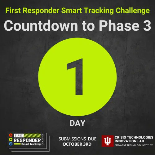 1 Day until the Phase 3 deadline of the First Responder Smart Tracking Challenge! Applications are open now and will be until 11:59pm on Oct 3rd #FirstResponders #FRSTChallenge