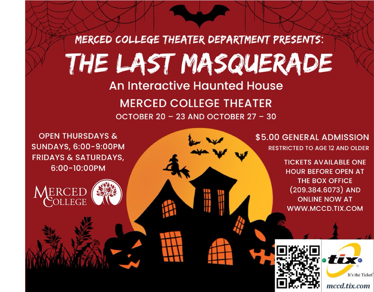mercedcollege's tweet photo. The Merced College Theater department presents: The Last Masquerade.

The interactive haunted house is open only to those ages 12 and older. Admission is $5 with tickets available at the box office an hour before open or via presale online at https://t.co/SvpH5OBjEk https://t.co/dXg4RqkzbE