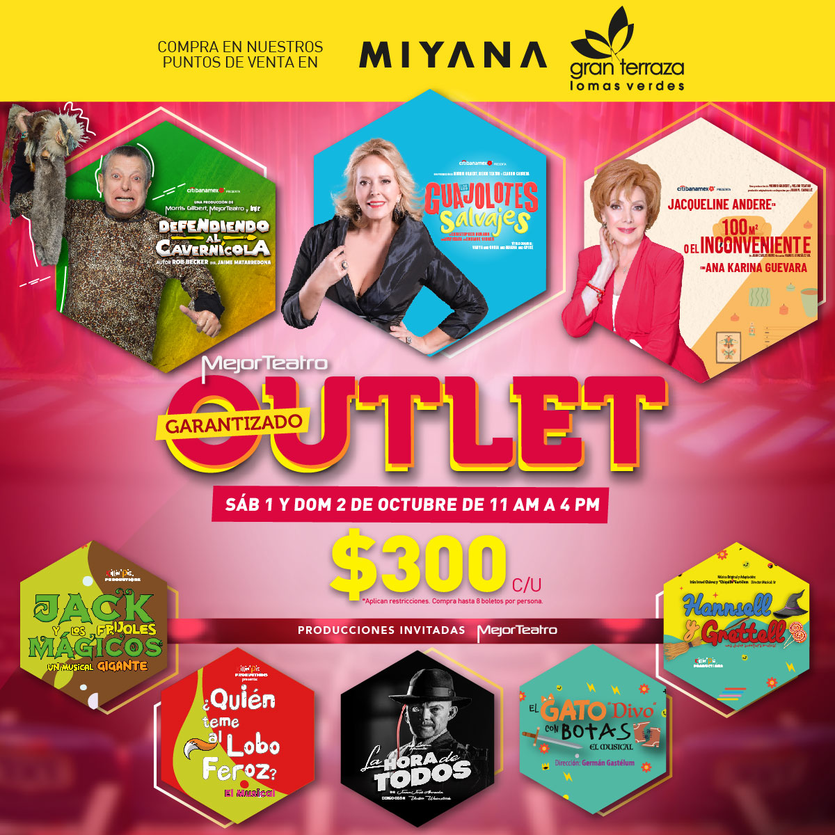 mejorteatro's tweet photo. Les cambiamos su domingo de bajón por un domingo en #Miyana o #GTLomasVerdes para que adquieran a un súper precio los boletos para sus obras favoritas 🔥.

🦖 @DefendiendoAl 
🦃 @LosGuajolotesMX 
🗝️ @100m2Obra 
❤️ @KillinPie 
🤖 #LaHoraDeTodos https://t.co/QzRgVDd3Xa