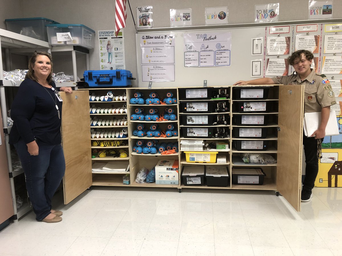 oce_stem's tweet photo. Local Boy Scout Lucas B completed his Eagle Project by building a Robot cart to house &amp; charge all the robots at OCE and a LEGO wall. https://t.co/gP0TmyUsBa