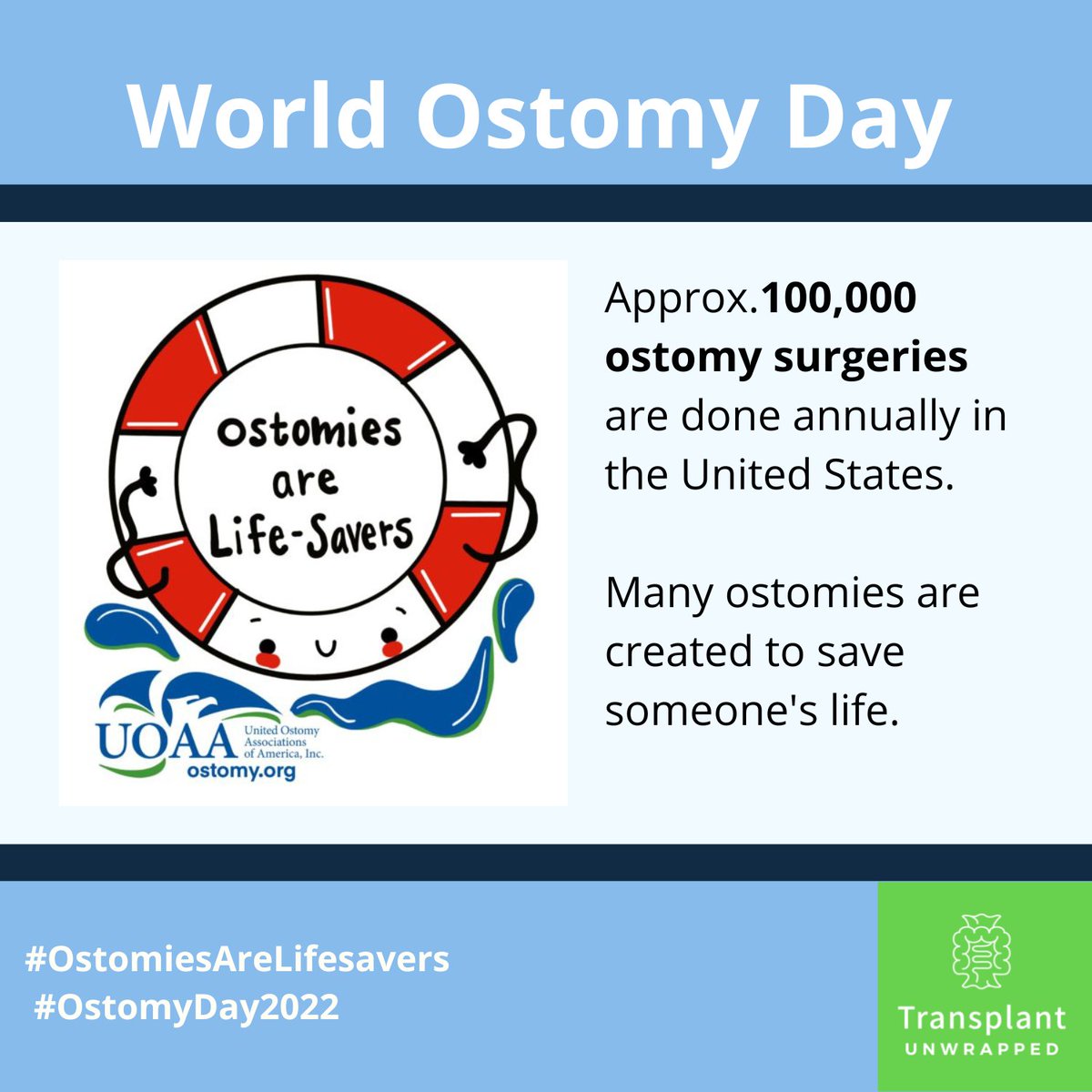 Happy World Ostomy Day!!

Many intestinal transplant and intestinal failure patients live with ostomies. There are many reasons that ostomies are created and many of them are in life saving situations.

How did your ostomy save a life?

#OstomyDay2022  #OstomiesAreLifesavers