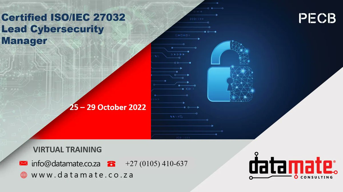 datamatesa's tweet photo. The Lead Cybersecurity Manager training gives knowledge and expertise needed  to help an organization implement a Cybersecurity program based on the ISO/IEC 27032 and NIST Cybersecurity framework. 
For more:
Visit Now:https://t.co/BKkpciLGln
CALL:+27 (0105) 410-637
#cybersecurity https://t.co/0oqVDjbcV5