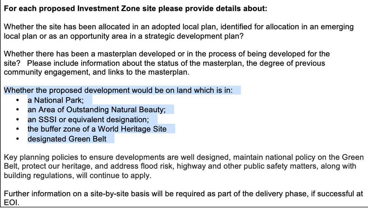 Govt have today published very worrying new guidance on Investment Zones Ministers appear willing to consider Investment Zones covering SSSIs & National Parks And guidance includes mention of 'a new streamlined planning system' #AttackOnNature 1/n gov.uk/government/pub…