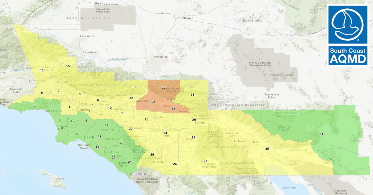 SouthCoastAQMD's tweet photo. #AirQuality Forecast (Sunday, October 2nd):
AQI readings in portions of #SanBernardino County are predicted to reach Unhealthy for Sensitive Groups or higher levels. For the Current #AQI and additional forecasting info, visit https://t.co/szsyGAFunD https://t.co/8F4IiJOP5t