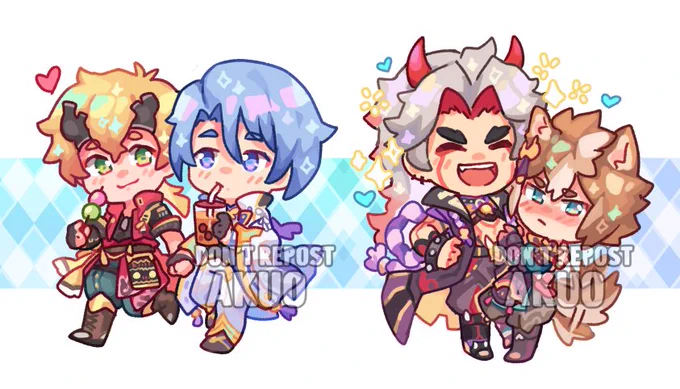 Thoma x Ayato &amp; Itto x Gorou chibis that i made a few months ago 