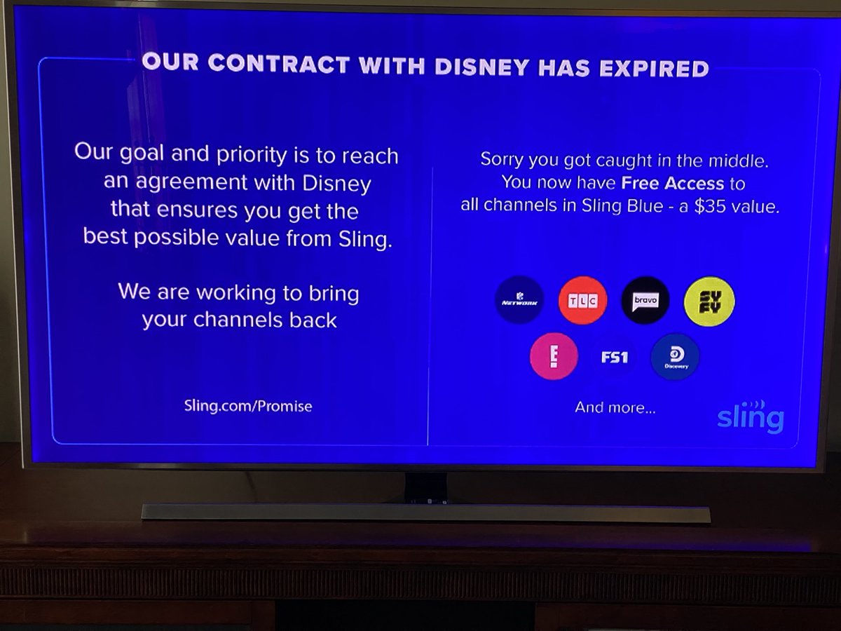 You had ONE job, <a href="/Sling/">sling</a> and just F*k Disney . ESPN and other  channels dropped without warning.