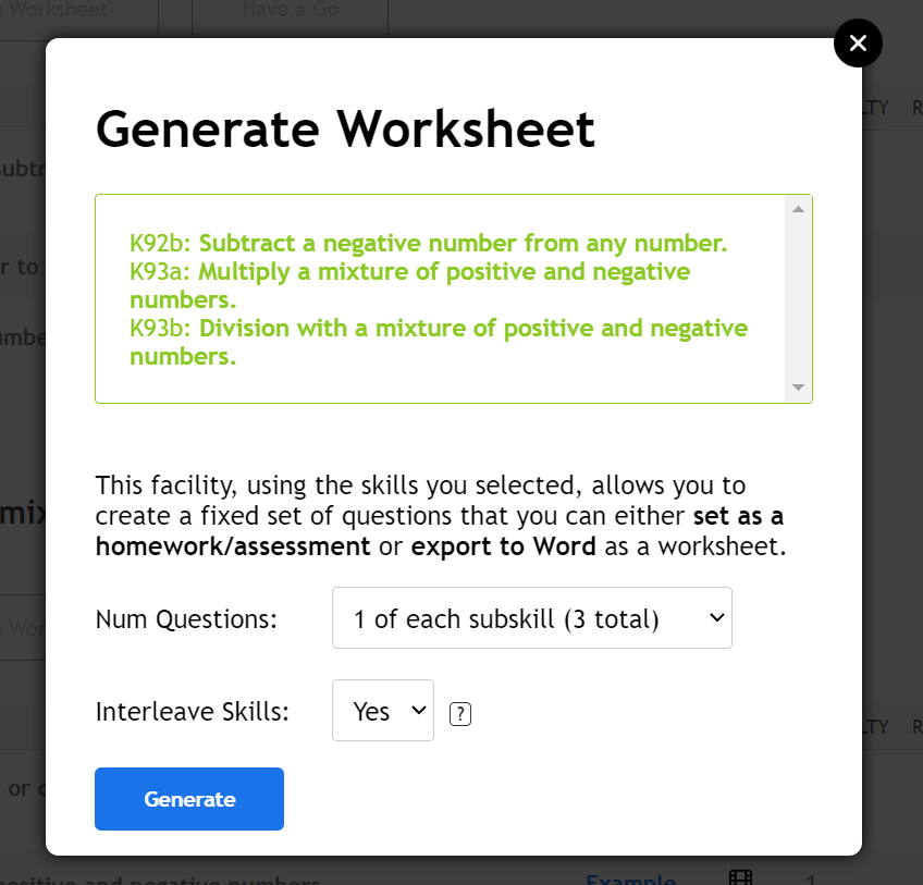 mroneillmaths20's tweet photo. @DrFrostMaths Noticed a possible bug? When selecting multiple skills for a task, the first skill selected (in this case K92a) seems to disappear before the worksheet is generated. Worked around it for the moment! Thanks :) https://t.co/BWVBAnj5Qv