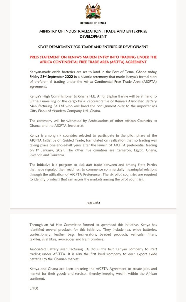 Sept 2022 will be in <a href="/AfCFTA/">AfCFTA Secretariat Official</a> history books.
23 Sep_Kenya exports locally made Batteries to Ghana
30 Sep_ Rwanda issues a Certificate of Origin to <a href="/IgireCoffee/">Igire Coffee</a> for coffee products destined to Ghana under the Afcfta Guided Trade. 
#AfCFTA is real 🤝.
@lindachepkwony6 <a href="/batanaich/">Batanai Chikwene</a>