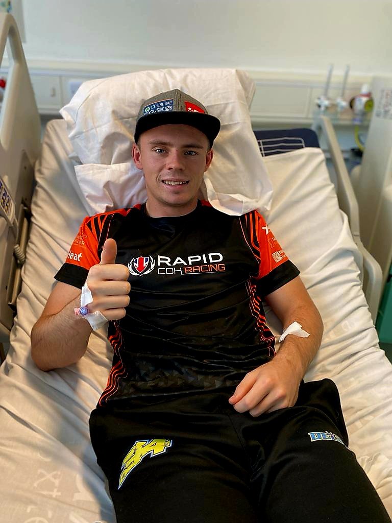 LDRRacing's tweet photo. Medical update: 
Liam is now sat up and talking but will remain in Hospital for further observations He is gutted not to be @DoningtonParkUK @OfficialBSB today and is cheering @Josh65owy and team @Rapidtraininguk #CDHracing Fuelled by @CheshireMould on from his Hospital bed... https://t.co/7O2H9Ush9H