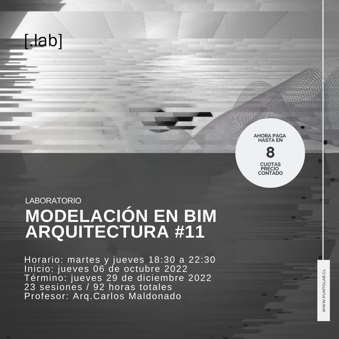 _puntolab_'s tweet photo. ¡Últimos cupos!
[Modelación en BIM - Arquitectura #11]

¿Cuándo?
Horario: martes y jueves 18:30 a 22:30
Inicio: jueves 06 de octubre 2022
Término: jueves 29 de diciembre 2022
23 sesiones / 92 horas totales. https://t.co/JsD493keOa