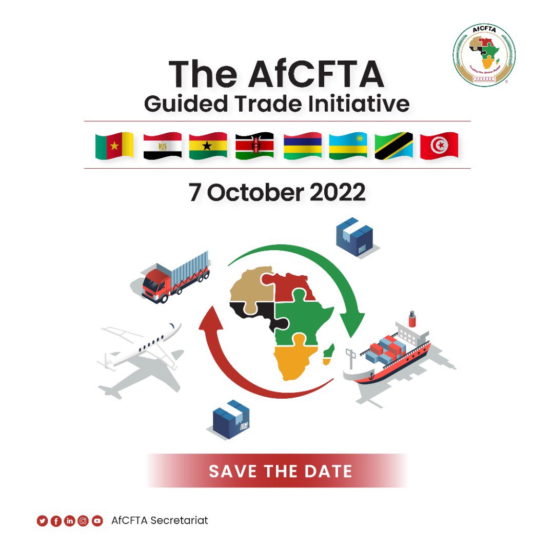 October begins in high energy.

7 Oct- Launch of the AfCFTA Guided Trade Initiative between 7 selected countries for the pilot study <a href="/AfCFTA/">AfCFTA Secretariat Official</a>.

Keep your ears grounded. Intra-African Trade will be energised. 

<a href="/ICOYACA/">AfCFTA Youth Advisory Council</a> <a href="/SthrnAfrcaTrust/">Southern Africa Trust</a> @SAYoF_SADC #YouthInAfCFTA #WomenInAfCFTA