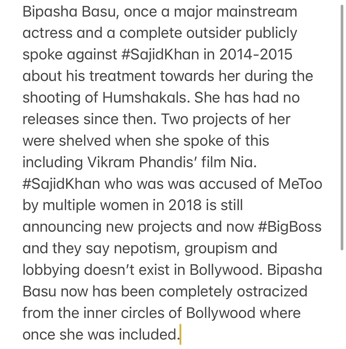 BipashaBasuFanC's tweet photo. @diandrasoares13 @IndiaMeToo @FarOutAkhtar @ColorsTV @BiggBoss This isn’t new news. Sajid Khan is protected by inner circles of Bollywood itself. Bipasha spoke against him in 2014-2015 and bore the consequences. https://t.co/E8NU6t2UdQ